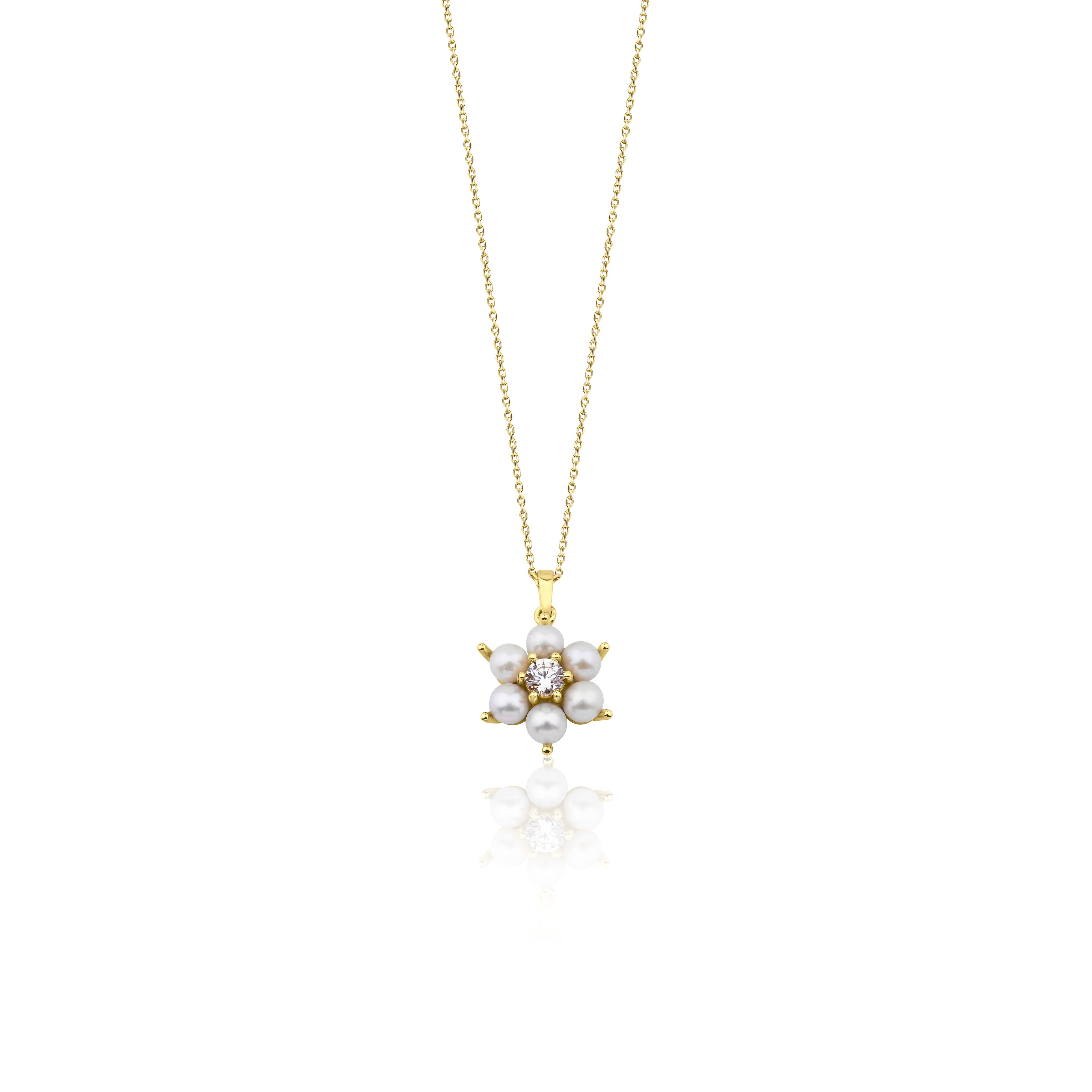 yellow gold floral cluster pendant necklace with pearls on white background