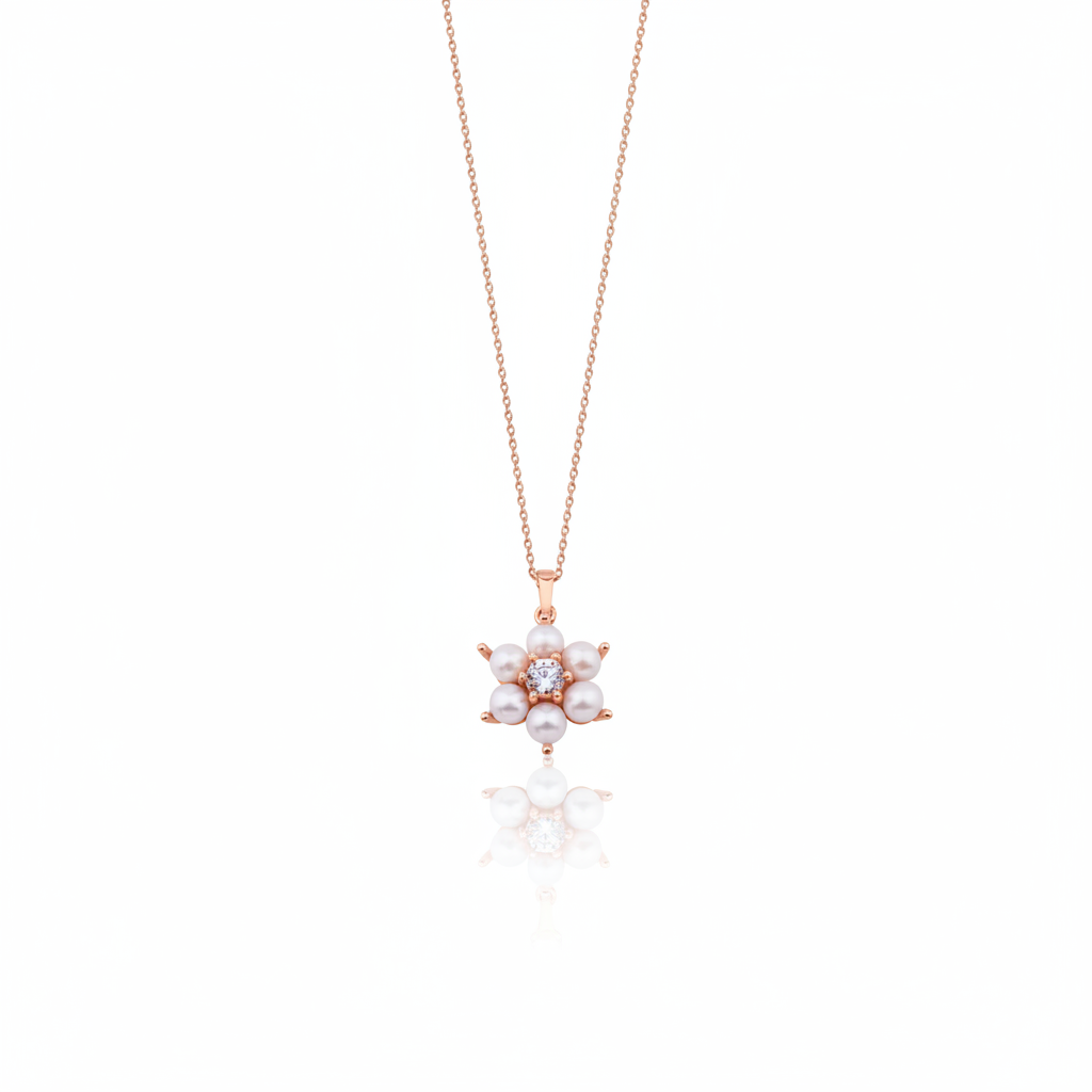 rose gold floral cluster pendant necklace with pearls on white background