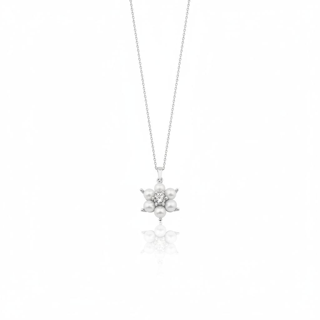 white gold floral cluster pendant necklace with pearls on white background