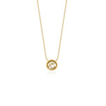 yellow gold beaded orbit pendant necklace with a pearl on white background