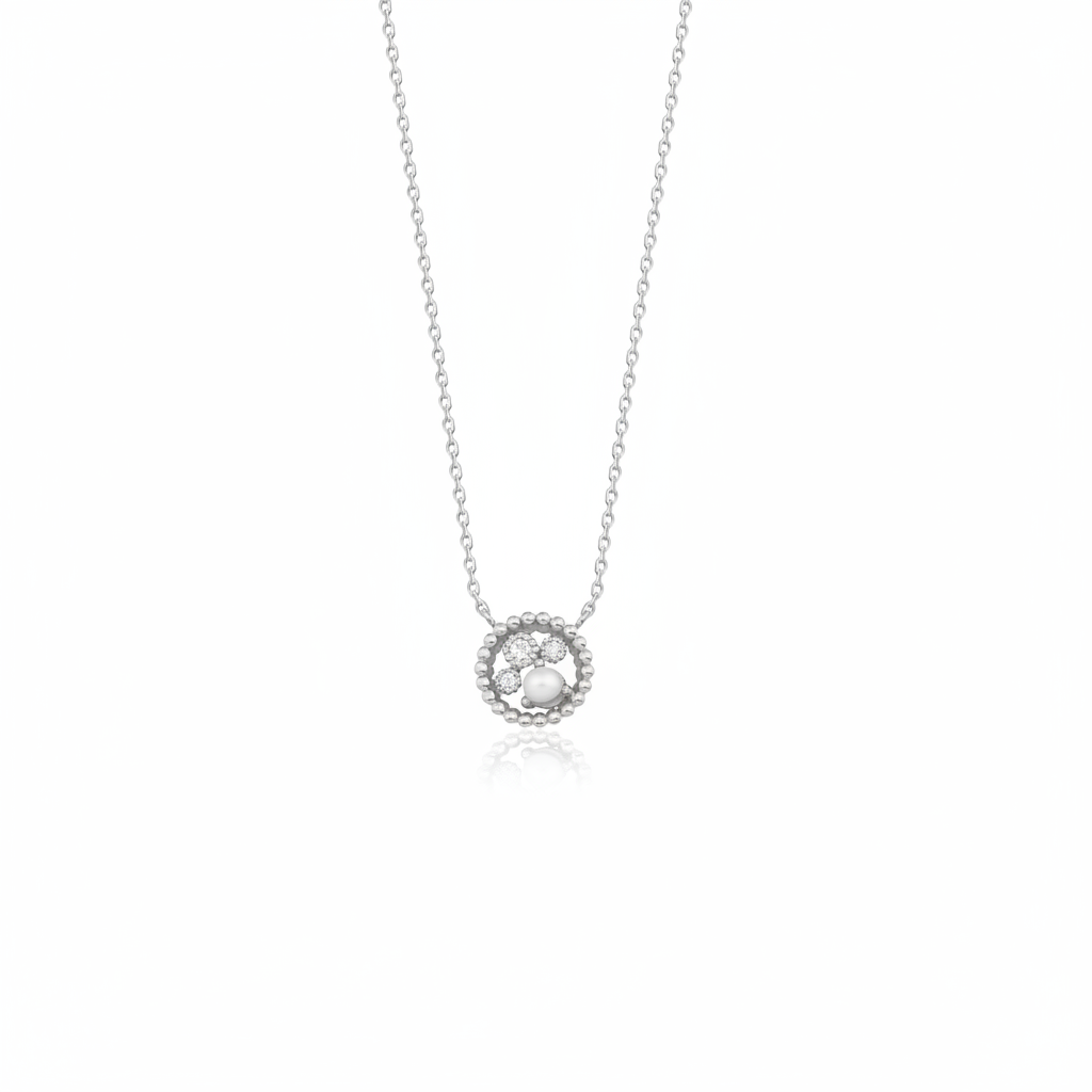 white gold beaded orbit pendant necklace with a pearl on white background