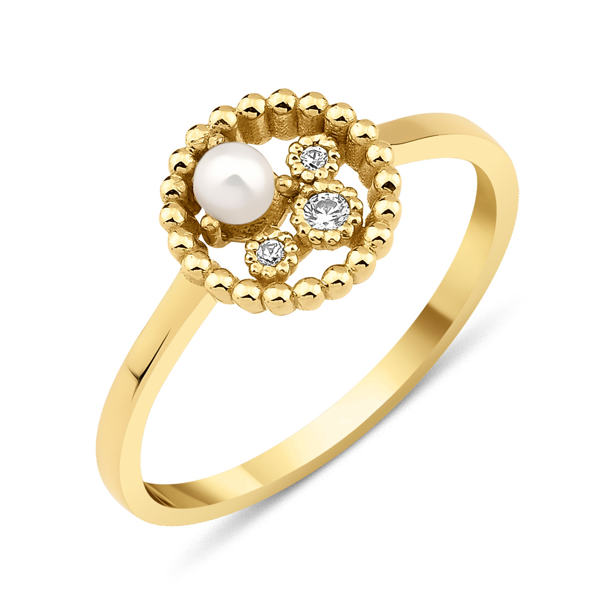 yellow gold asymmetrical halo ring with a pearl on white background