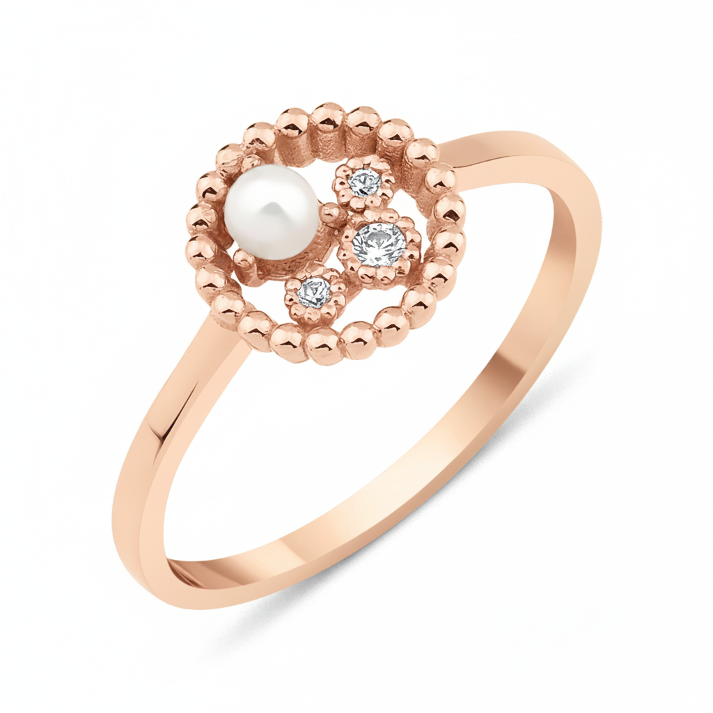 rose gold asymmetrical halo ring with a pearl on white background
