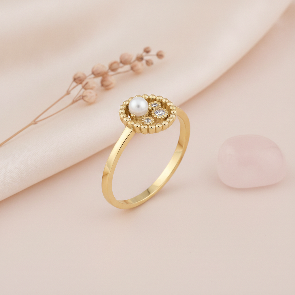 yellow gold asymmetrical halo ring with a pearl and clear stones, styled on cream silk with dried baby's breath