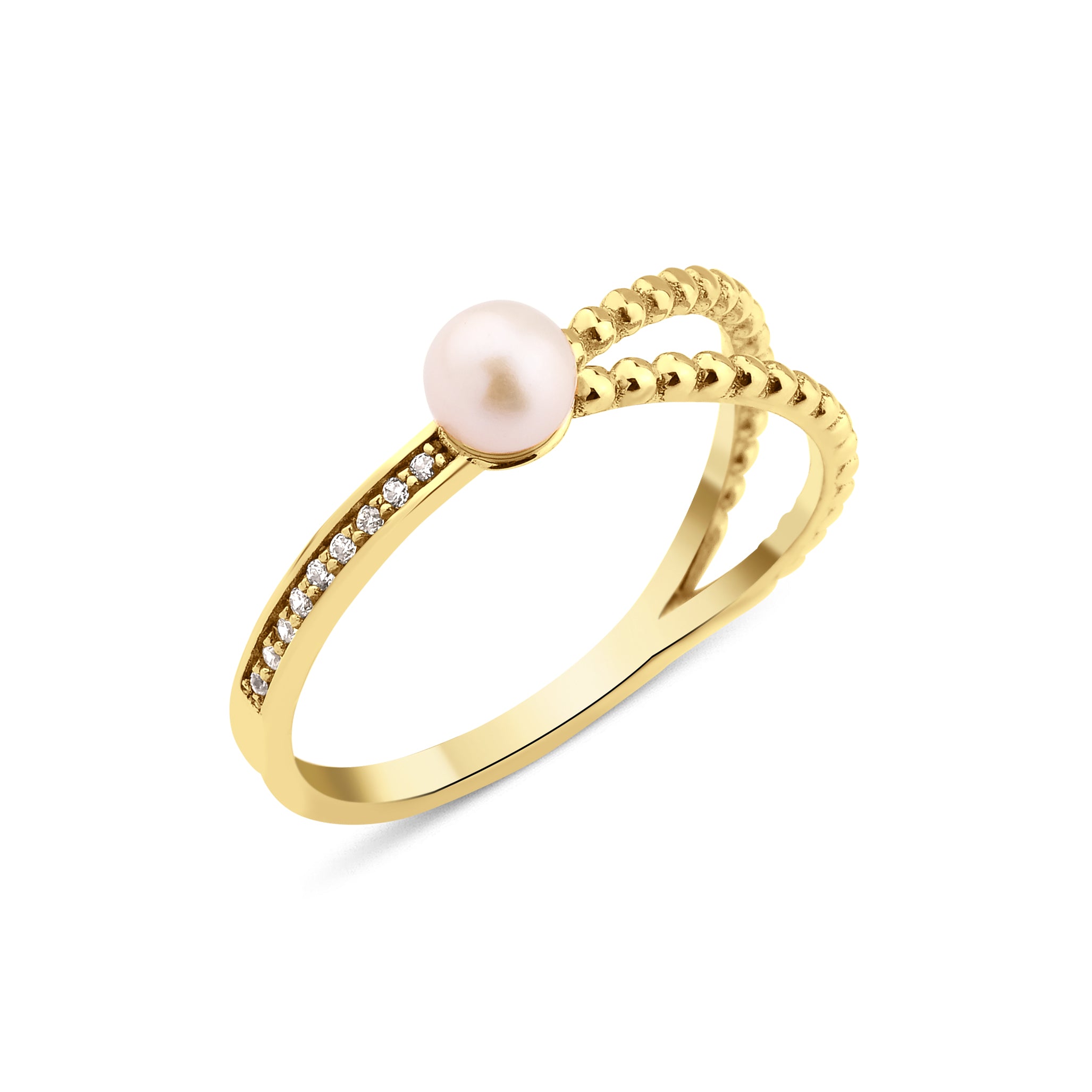 yellow gold twisted rope ring with a pearl on white background