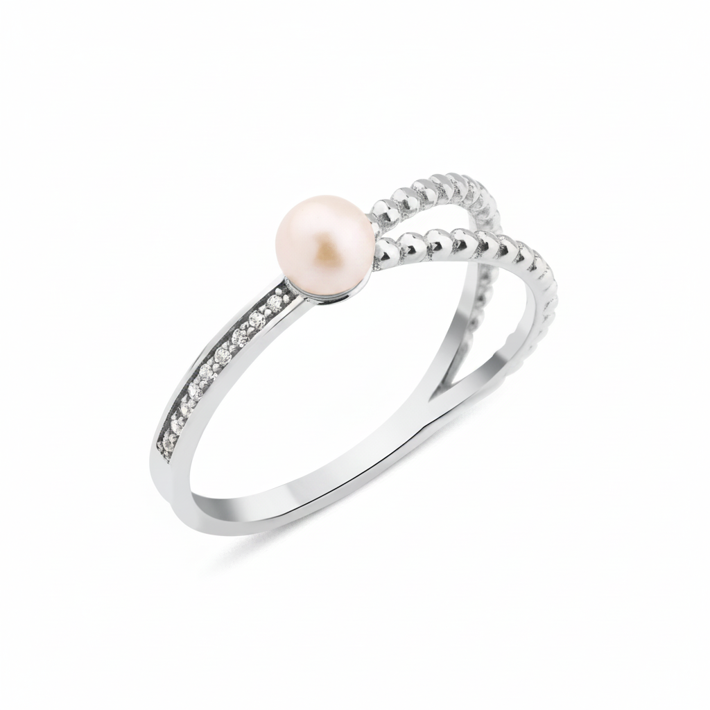 white gold twisted rope ring with a pearl on white background