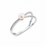 white gold twisted rope ring with a pearl on white background