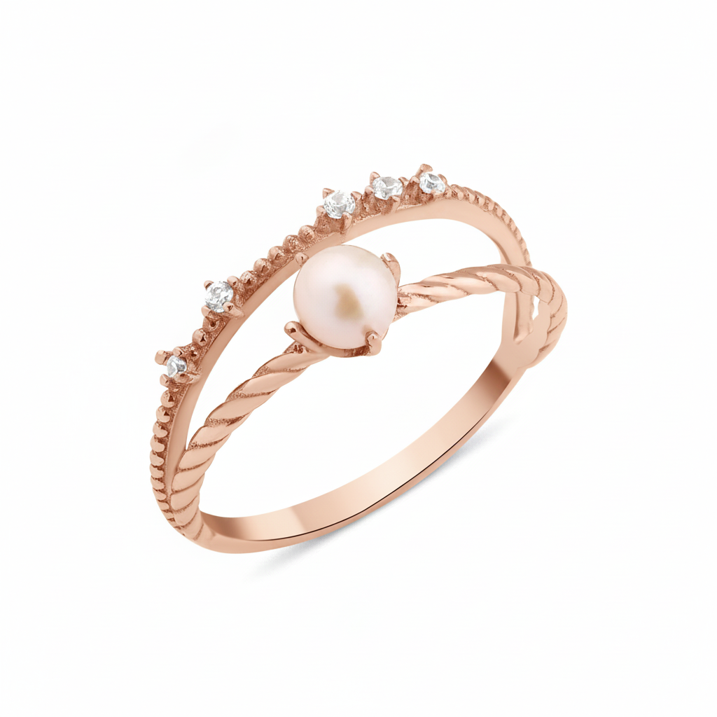 rose gold solitaire pearl ring on white background