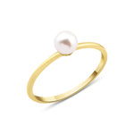 yellow gold slim band pearl ring on white background