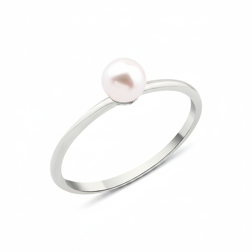 white gold slim band pearl ring on white background