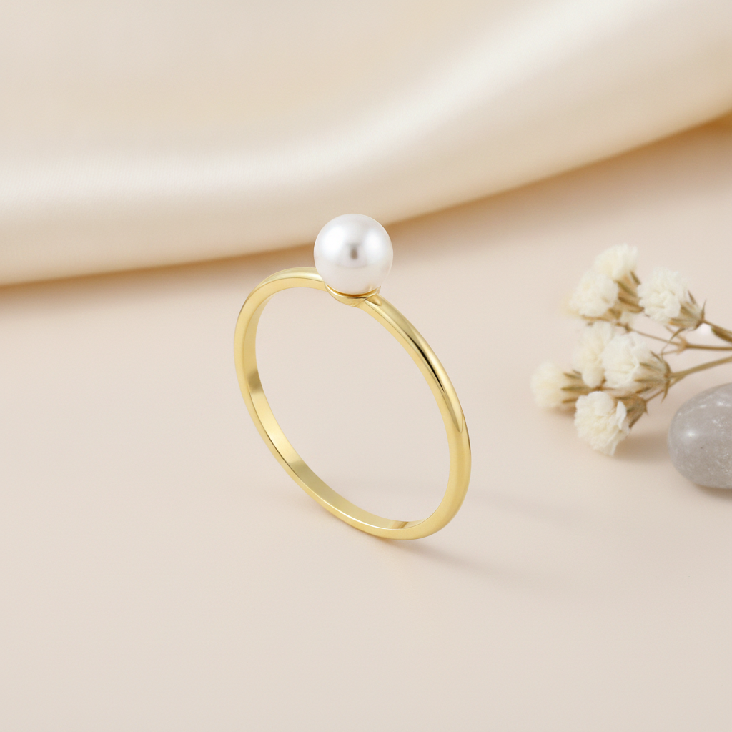 yellow gold criss-cross ring with a pearl and a marquise stone, styled on a pink background with a dried rose and rose quartz stones