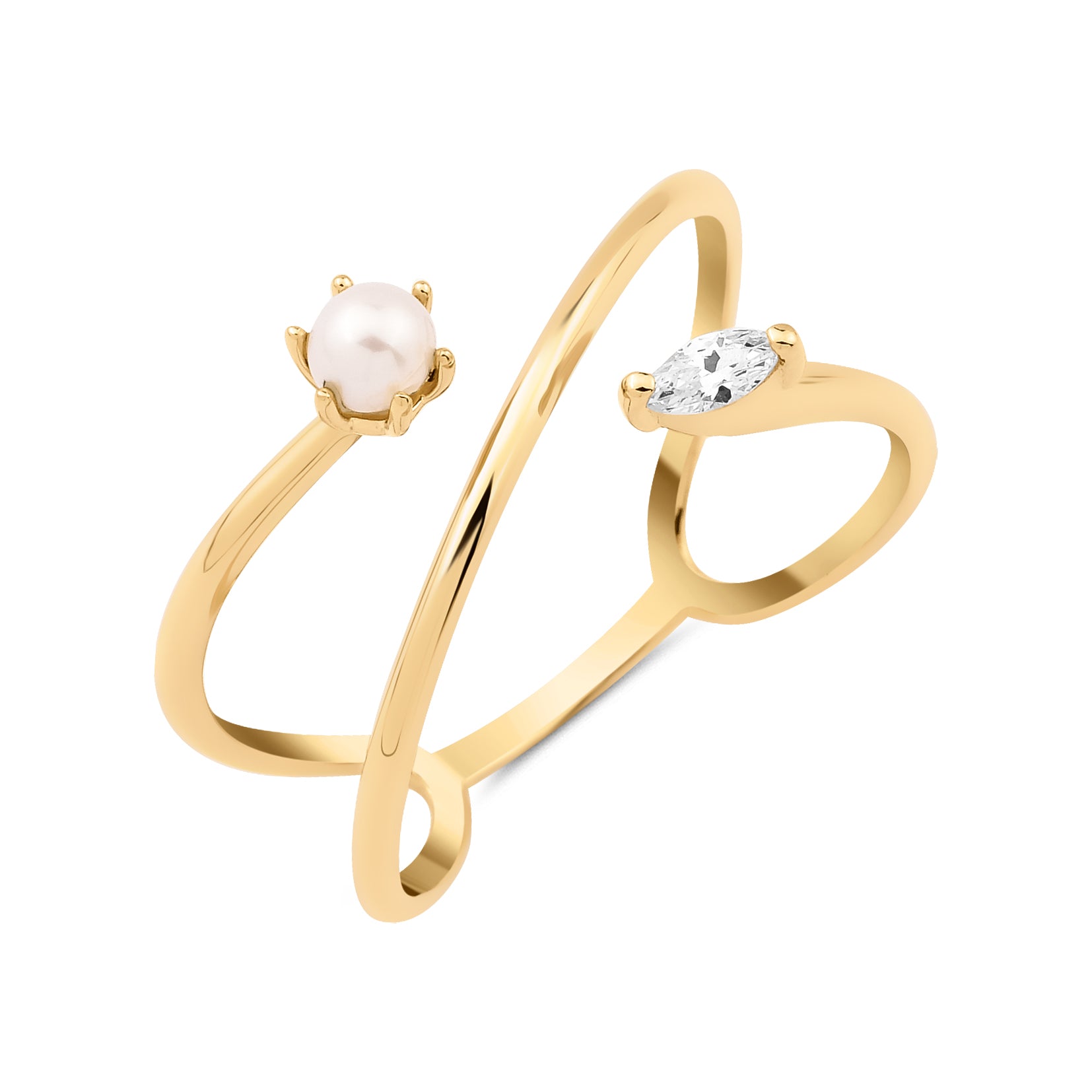 yellow gold split band ring with a pearl on white background