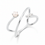 white gold split band ring with a pearl on white background