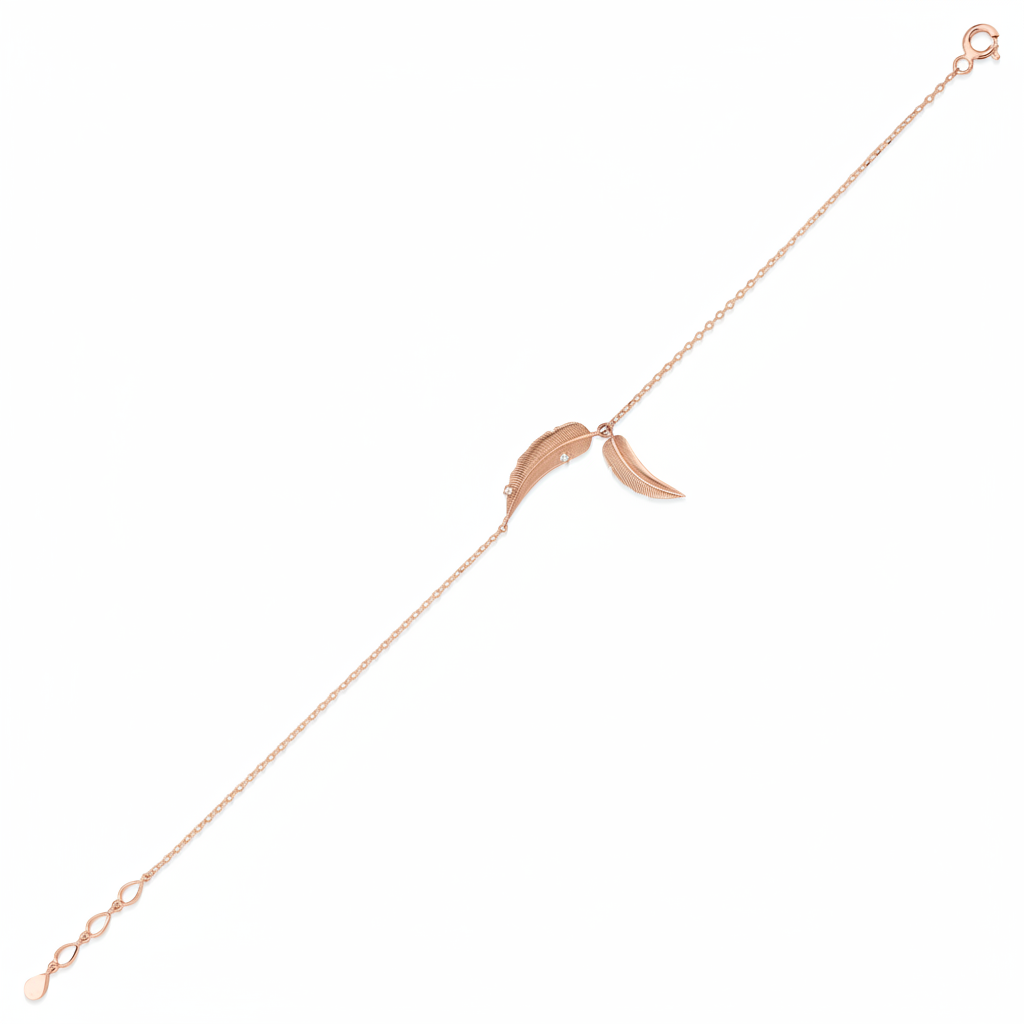 rose gold feather chain bracelet with accent stones on white background
