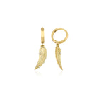 yellow gold feather huggie earrings on white background