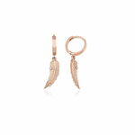 rose gold feather huggie earrings on white background