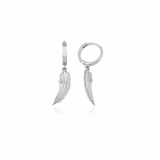 white gold feather huggie earrings on white background