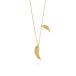 yellow gold double feather pendant necklace on white background