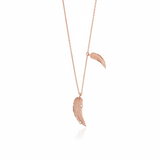 rose gold double feather pendant necklace on white background