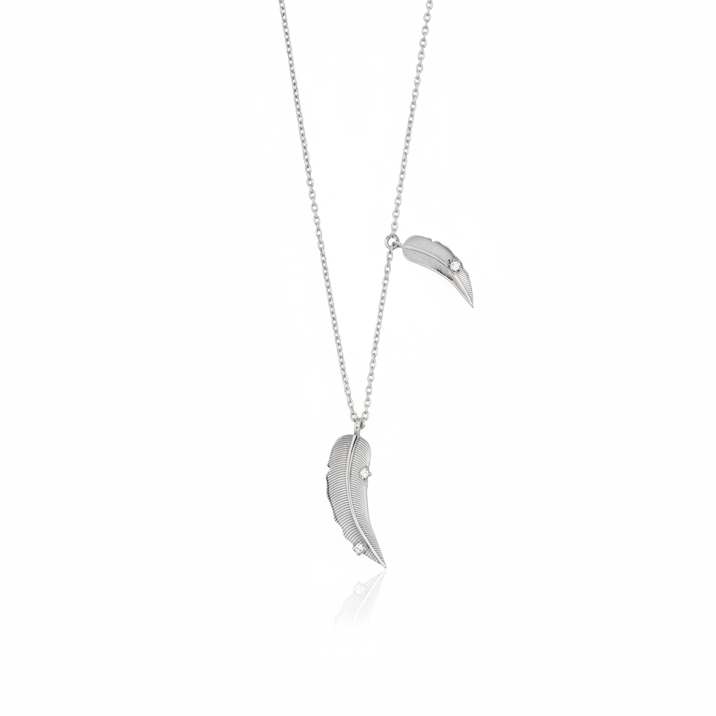 white gold double feather pendant necklace on white background
