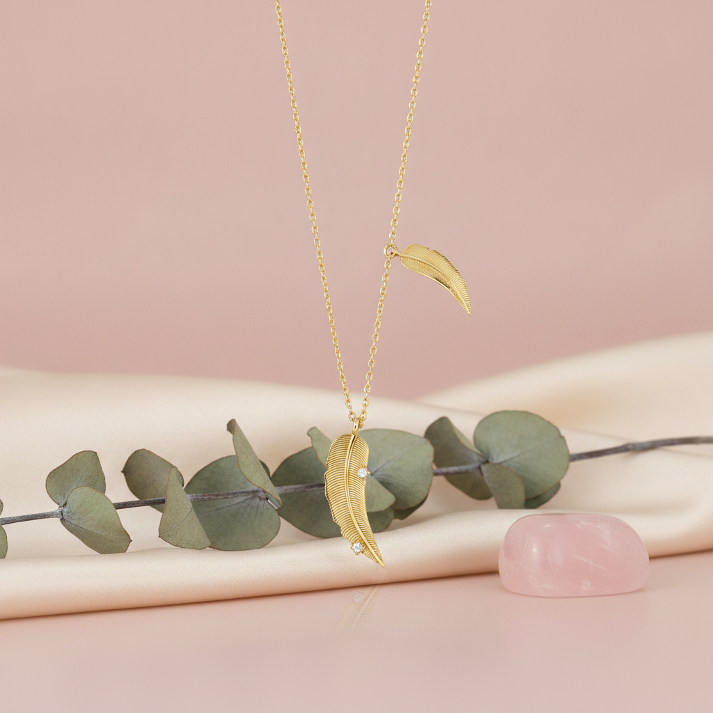 yellow gold double feather pendant necklace, styled on cream silk with a eucalyptus sprig and a rose quartz stone