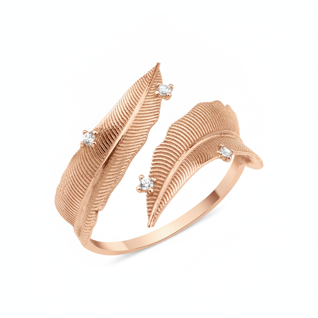 rose gold open feather wrap ring on white background