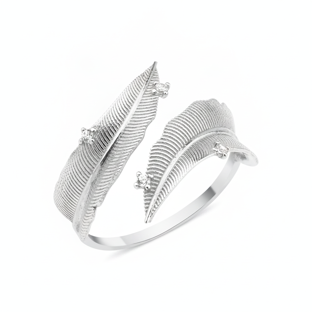 white gold open feather wrap ring on white background