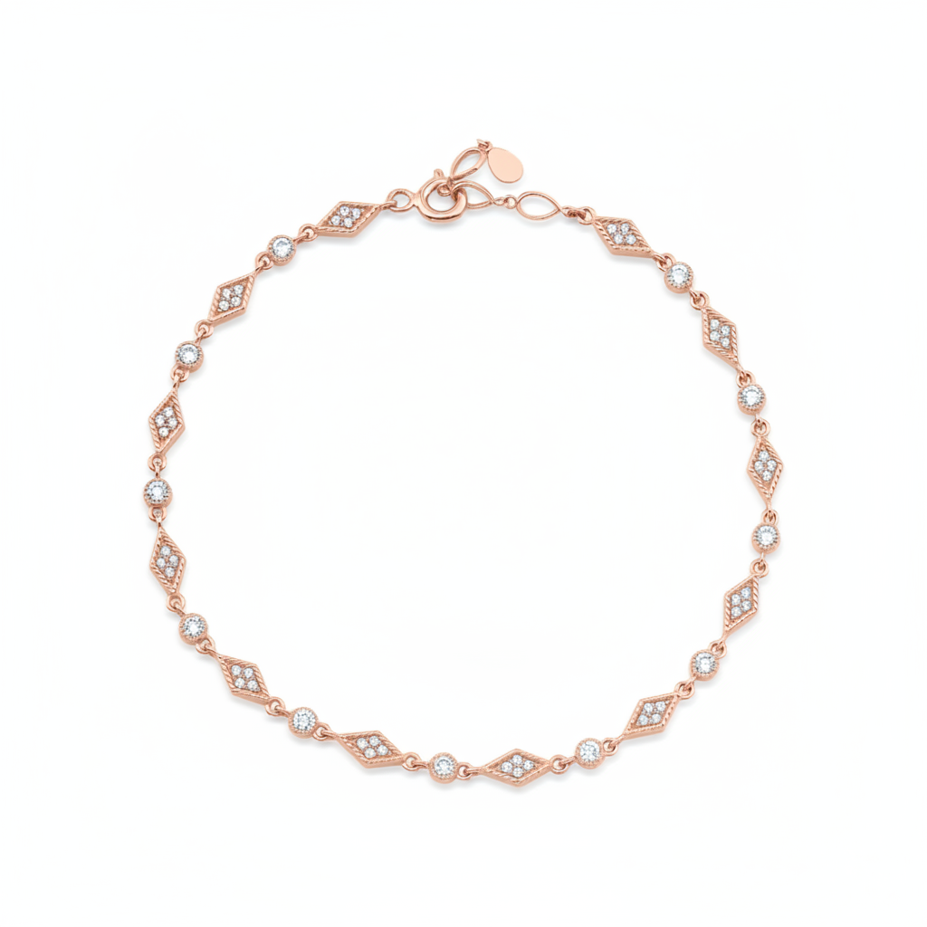 rose gold cadence chain bracelet with White CZ stones on white background