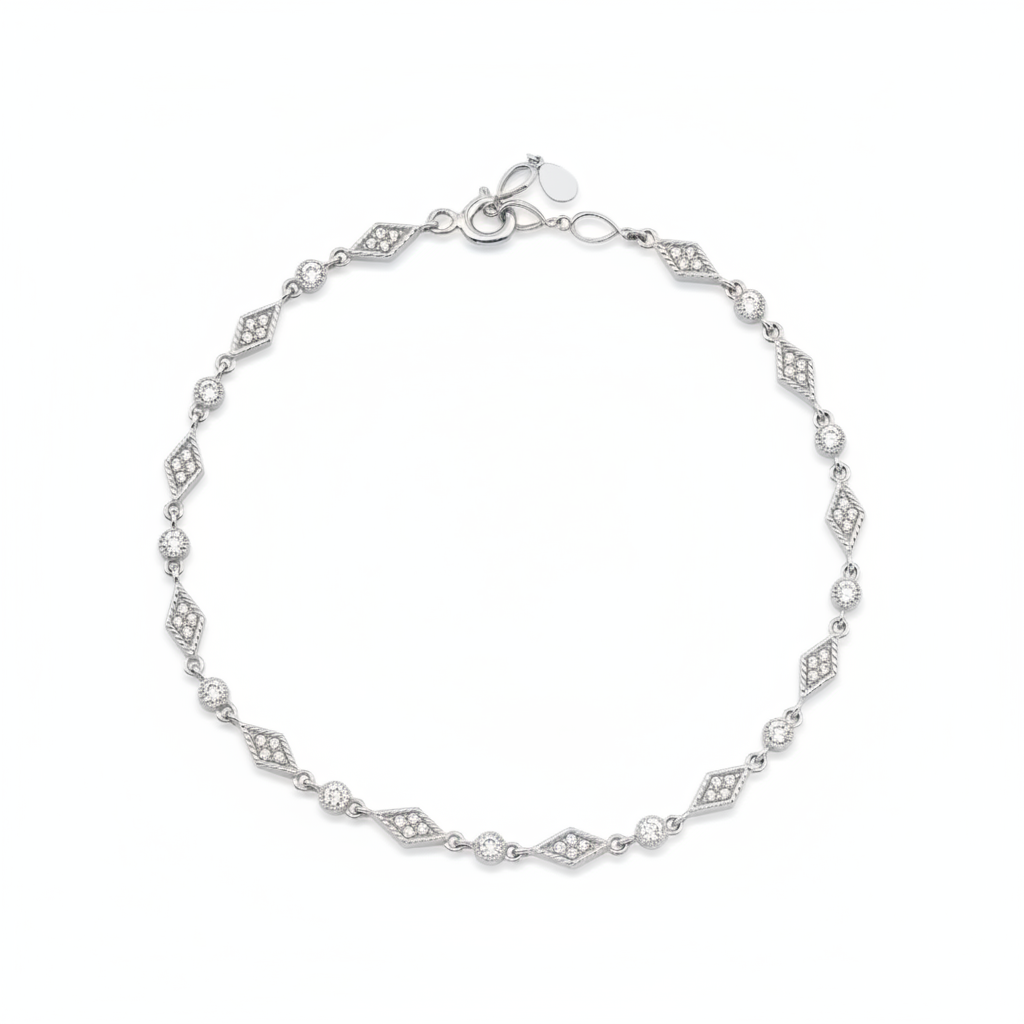 white gold cadence chain bracelet with White CZ stones on white background