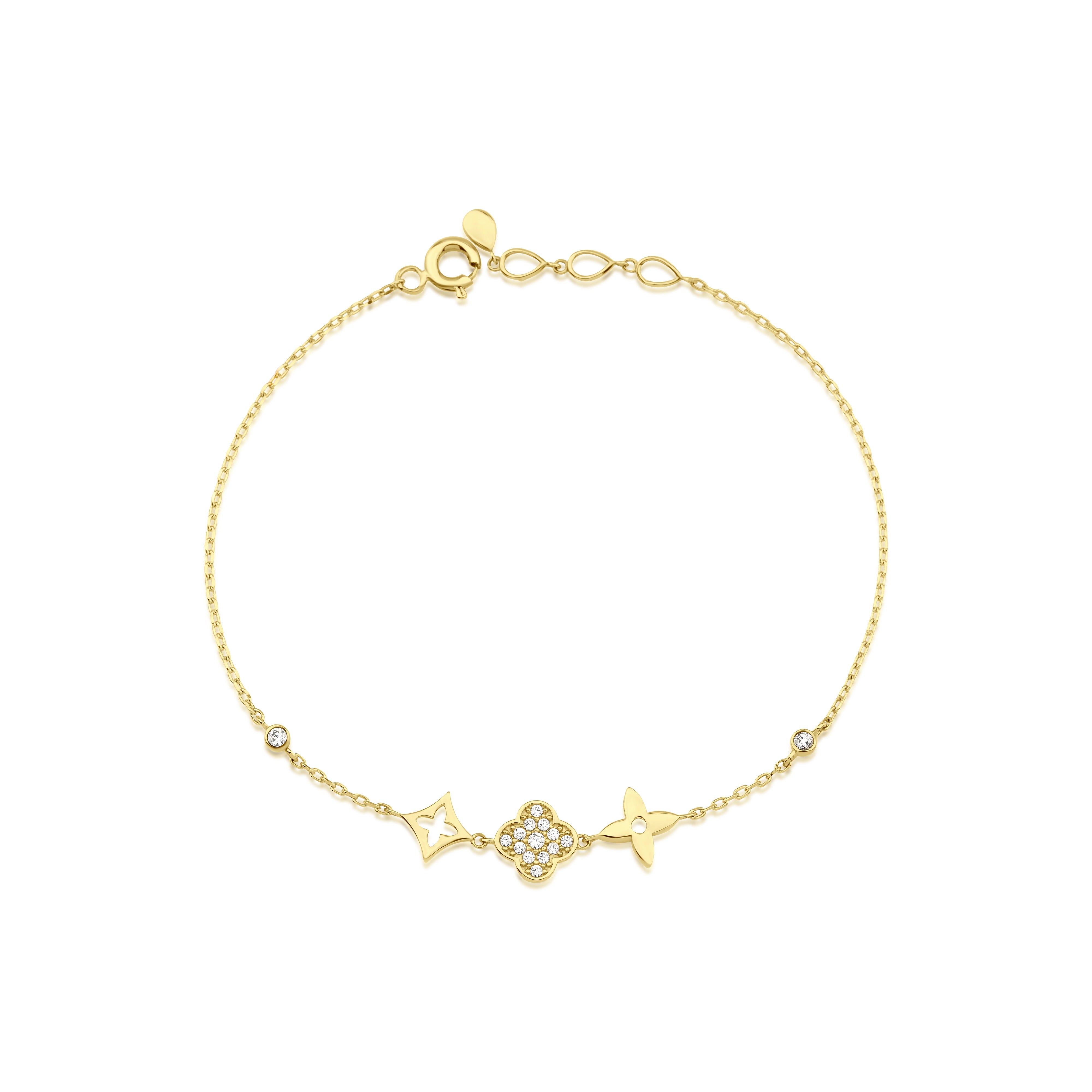 yellow gold emblem charm bracelet with White CZ stones on white background