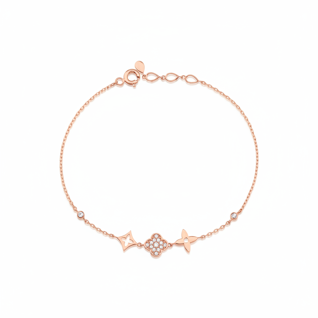 rose gold emblem charm bracelet with White CZ stones on white background