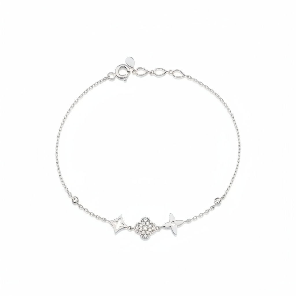 white gold emblem charm bracelet with White CZ stones on white background