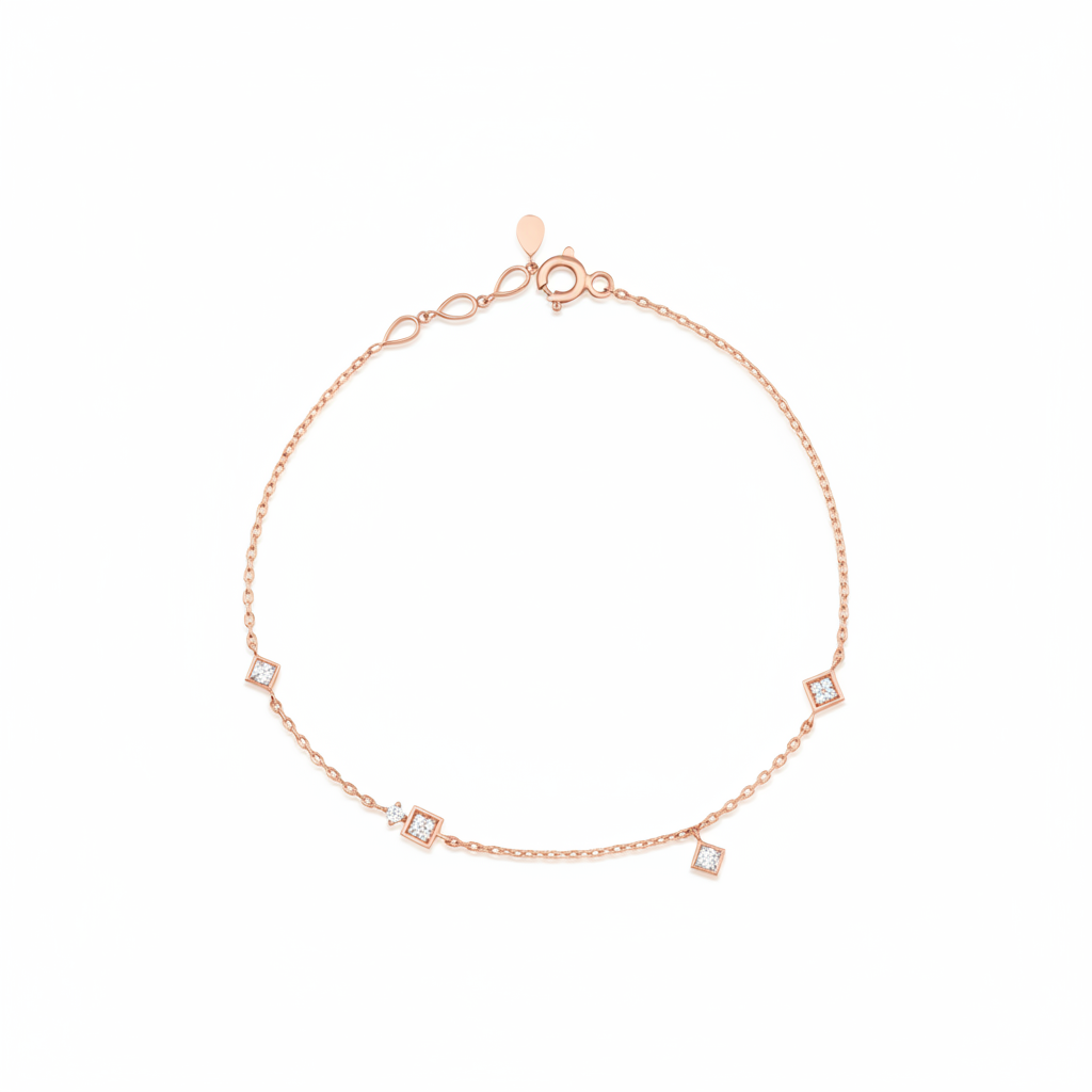 rose gold tessera square bracelet with White CZ stones on white background