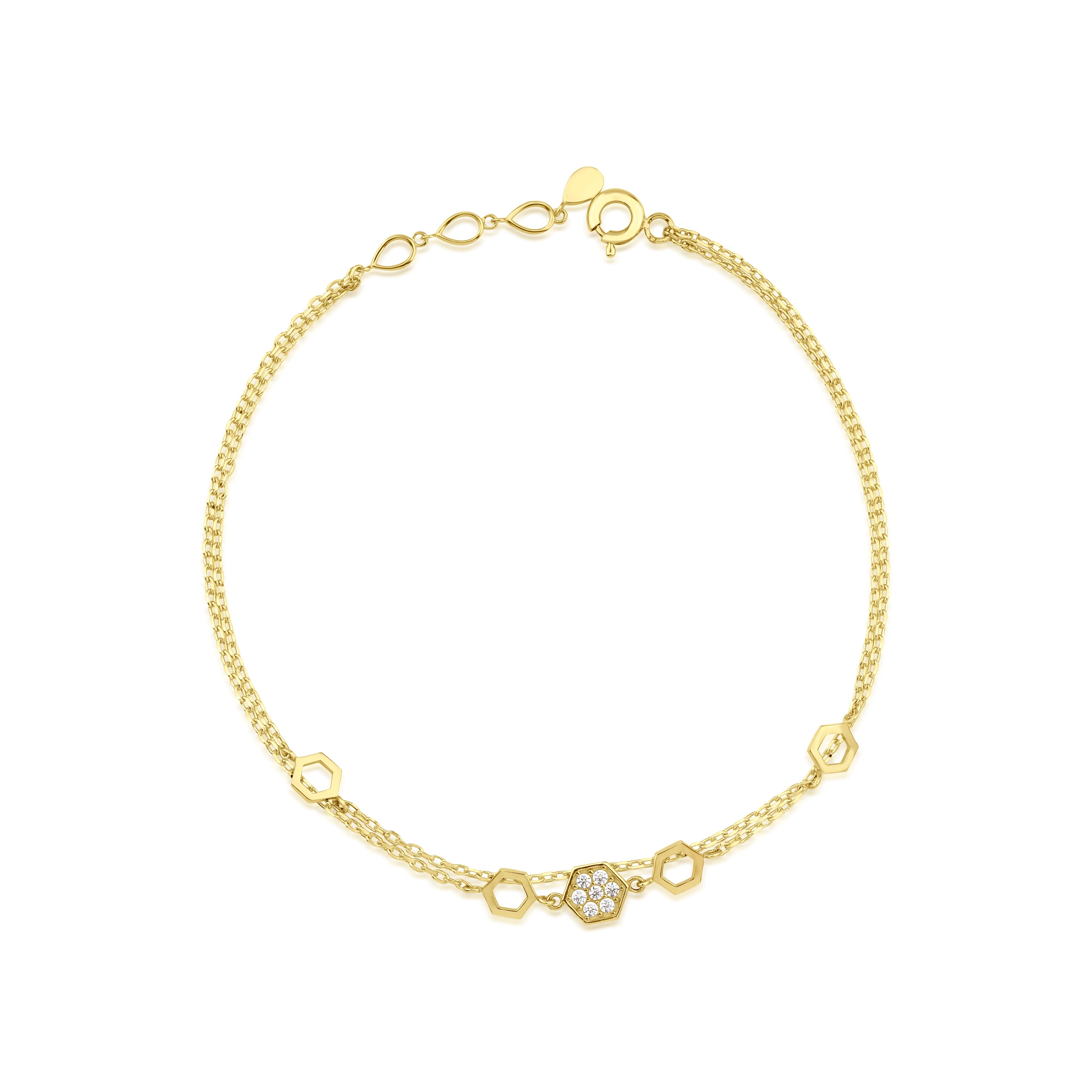 yellow gold honeycomb hexagon bracelet with White CZ stones on white background