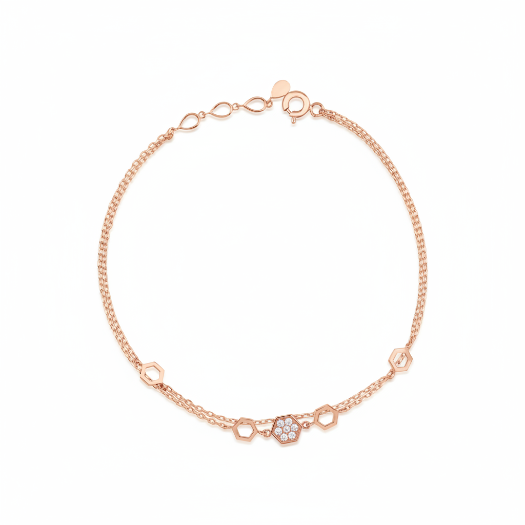 rose gold honeycomb hexagon bracelet with White CZ stones on white background