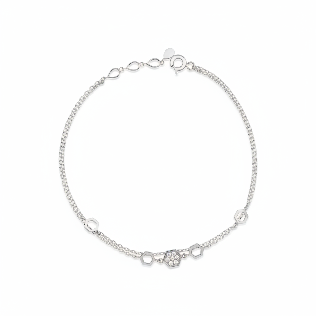 white gold honeycomb hexagon bracelet with White CZ stones on white background