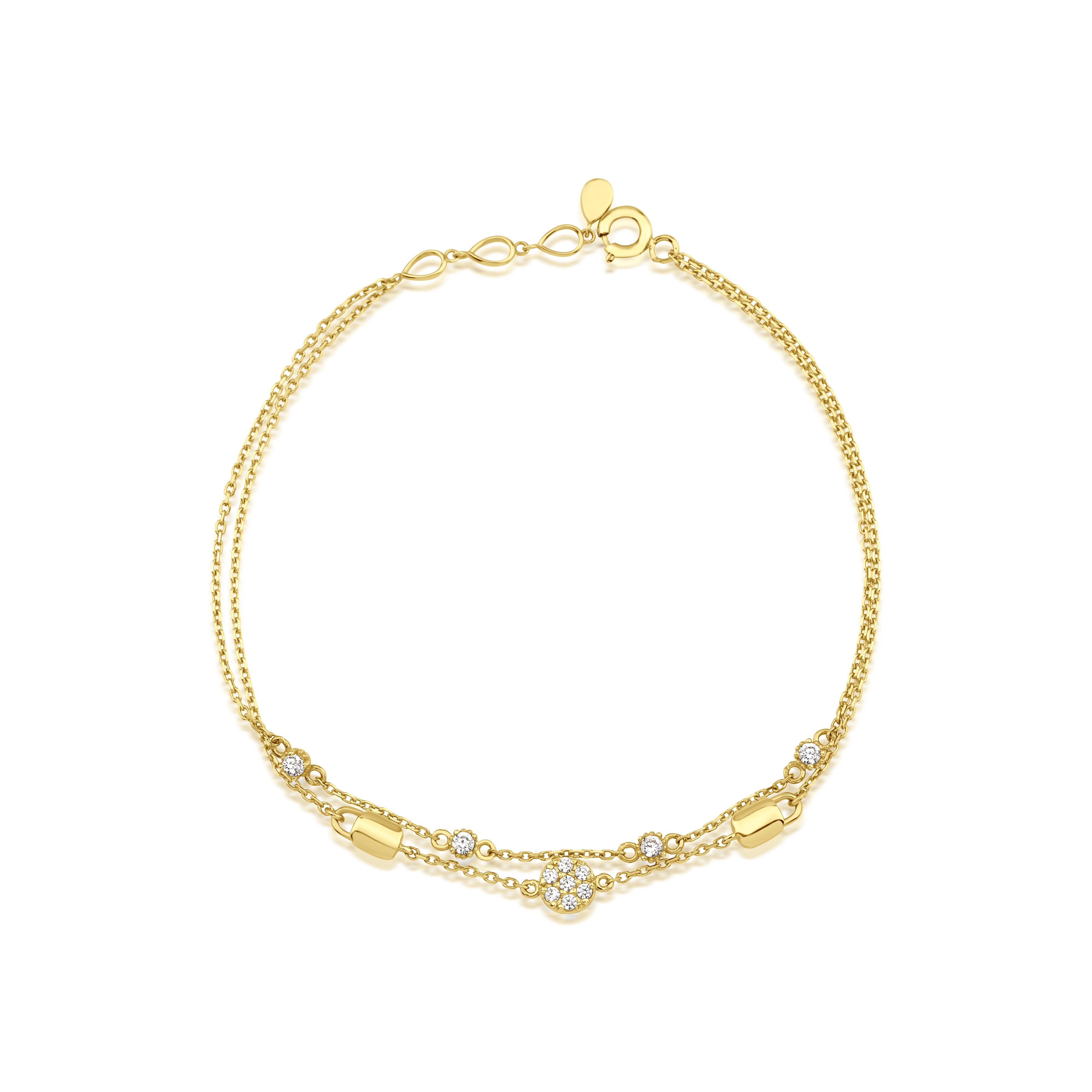 yellow gold double strand bracelet with White CZ stones on white background
