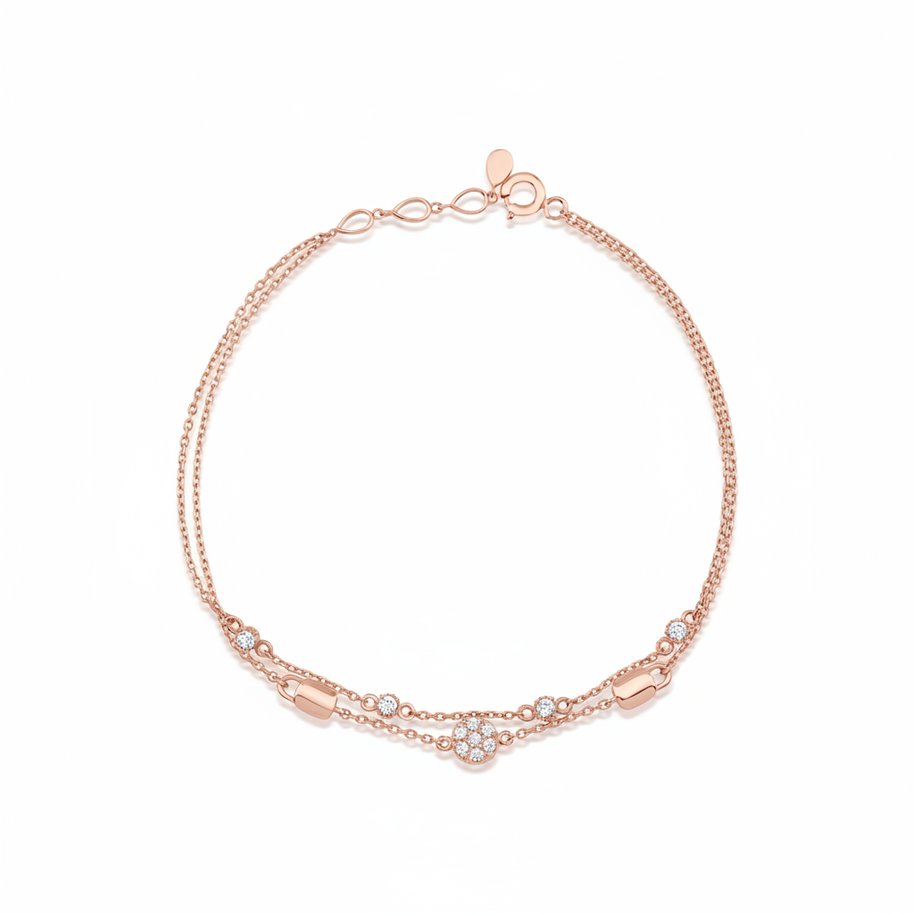 rose gold double strand bracelet with White CZ stones on white background