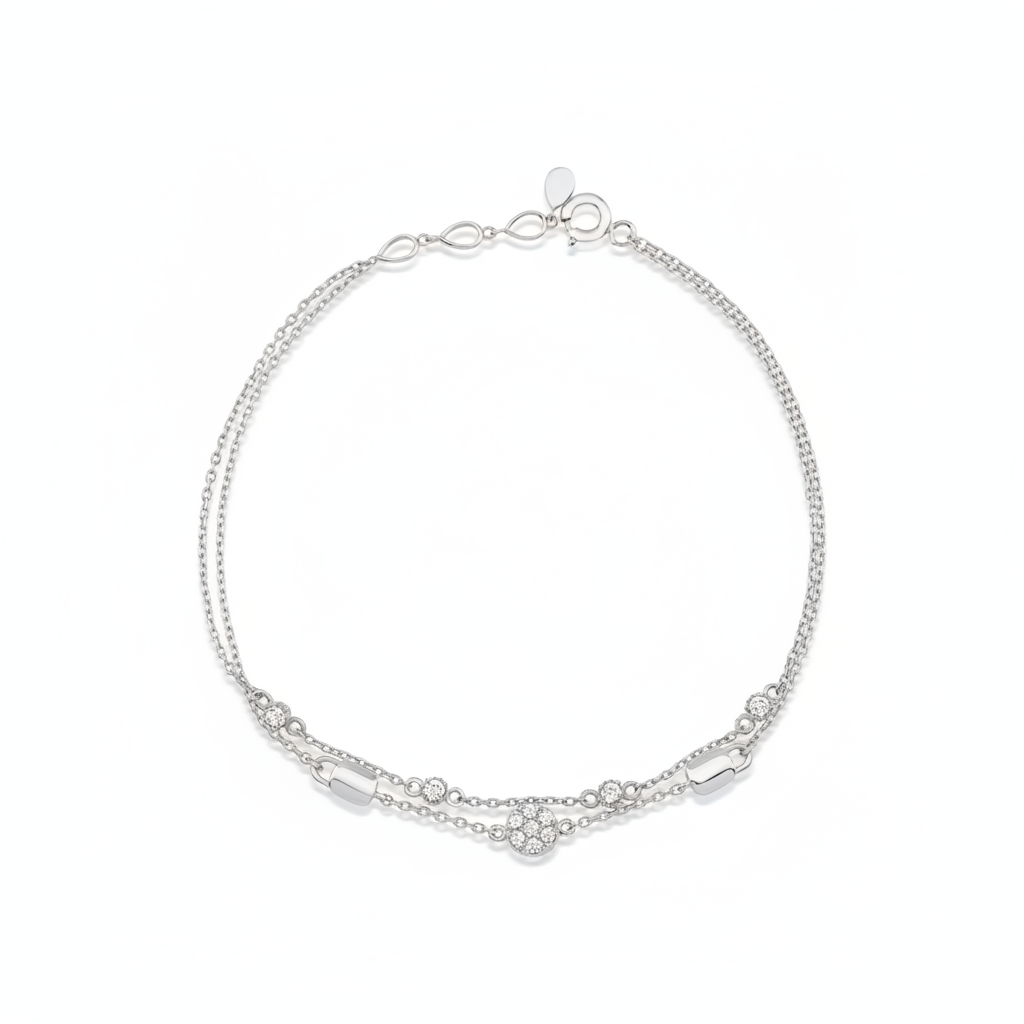 white gold double strand bracelet with White CZ stones on white background