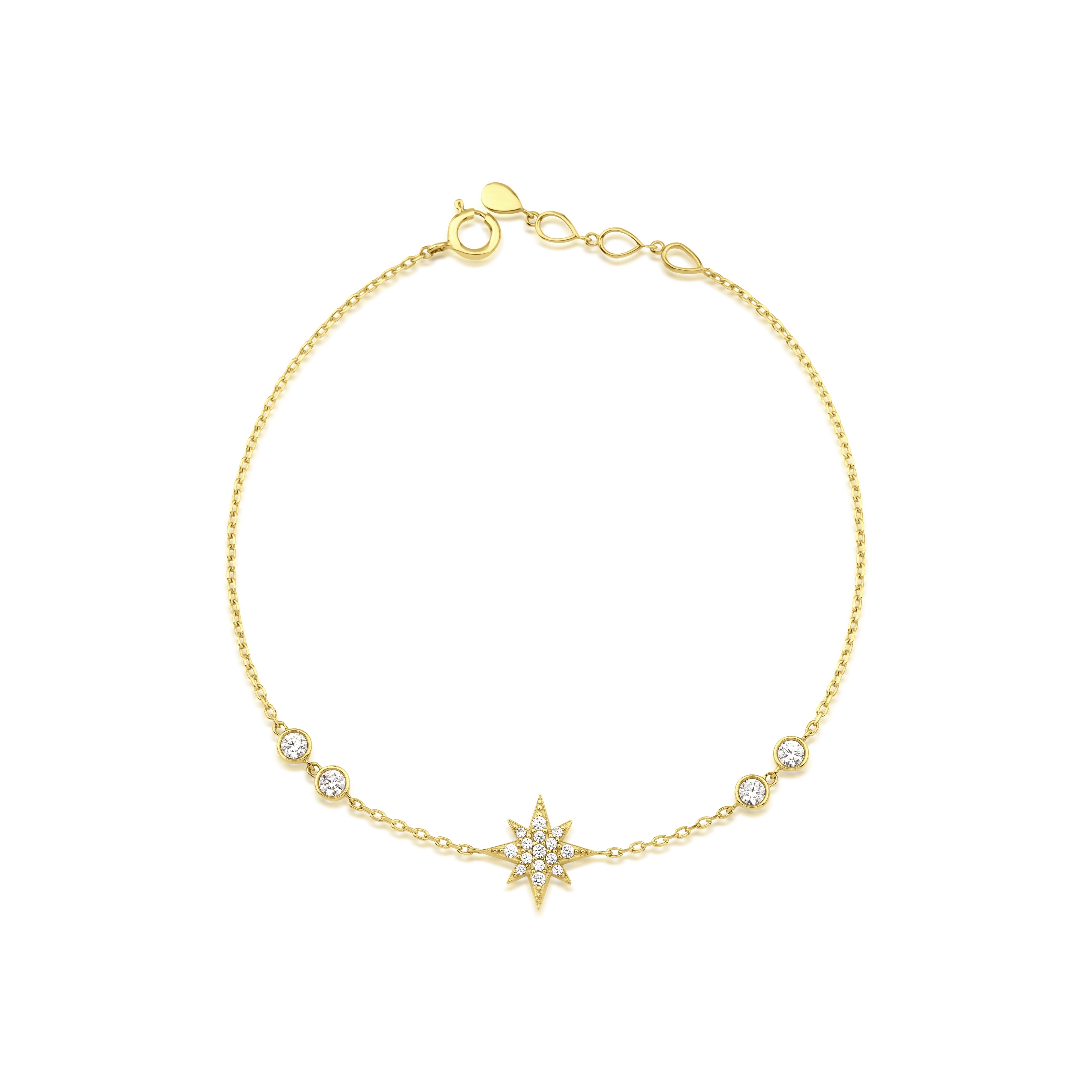 yellow gold astra star bracelet with White CZ stones on white background