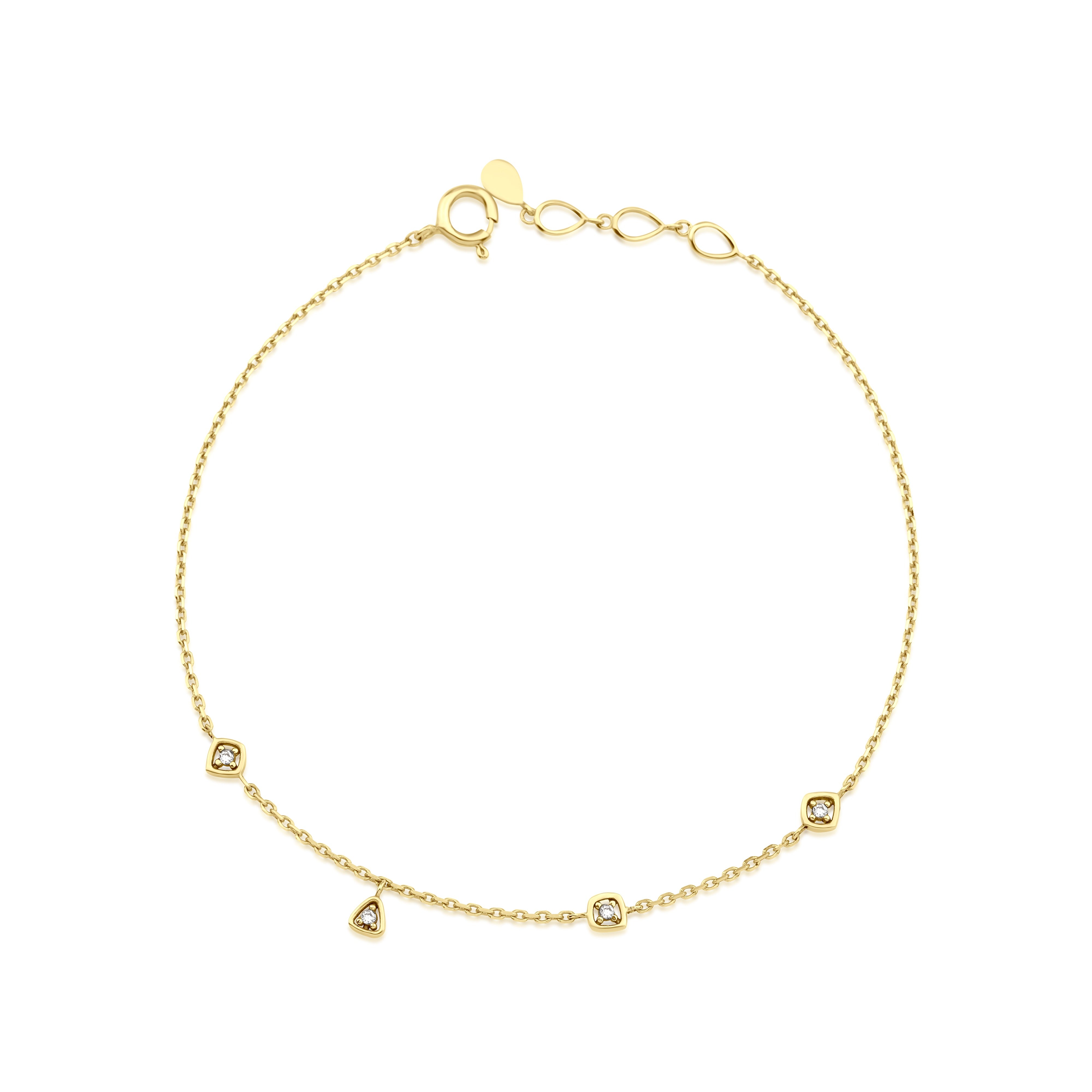 geometric station charm bracelet in yellow gold on white background