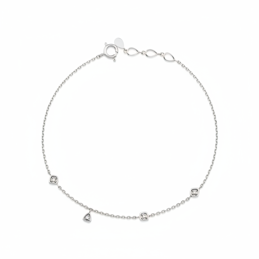 geometric station charm bracelet in white gold on white background