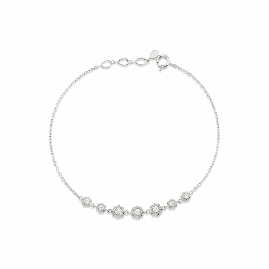 starburst station bracelet in white gold on white background