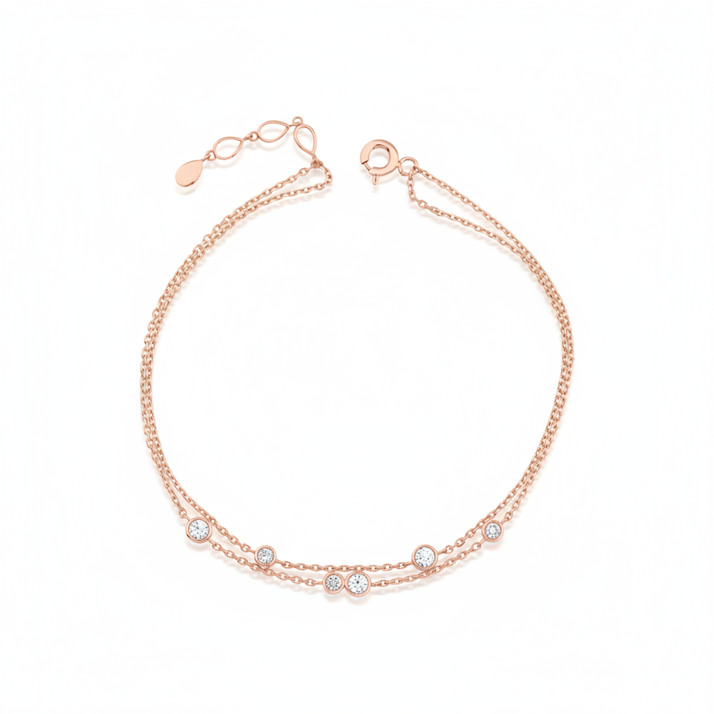double strand bracelet in rose gold on white background