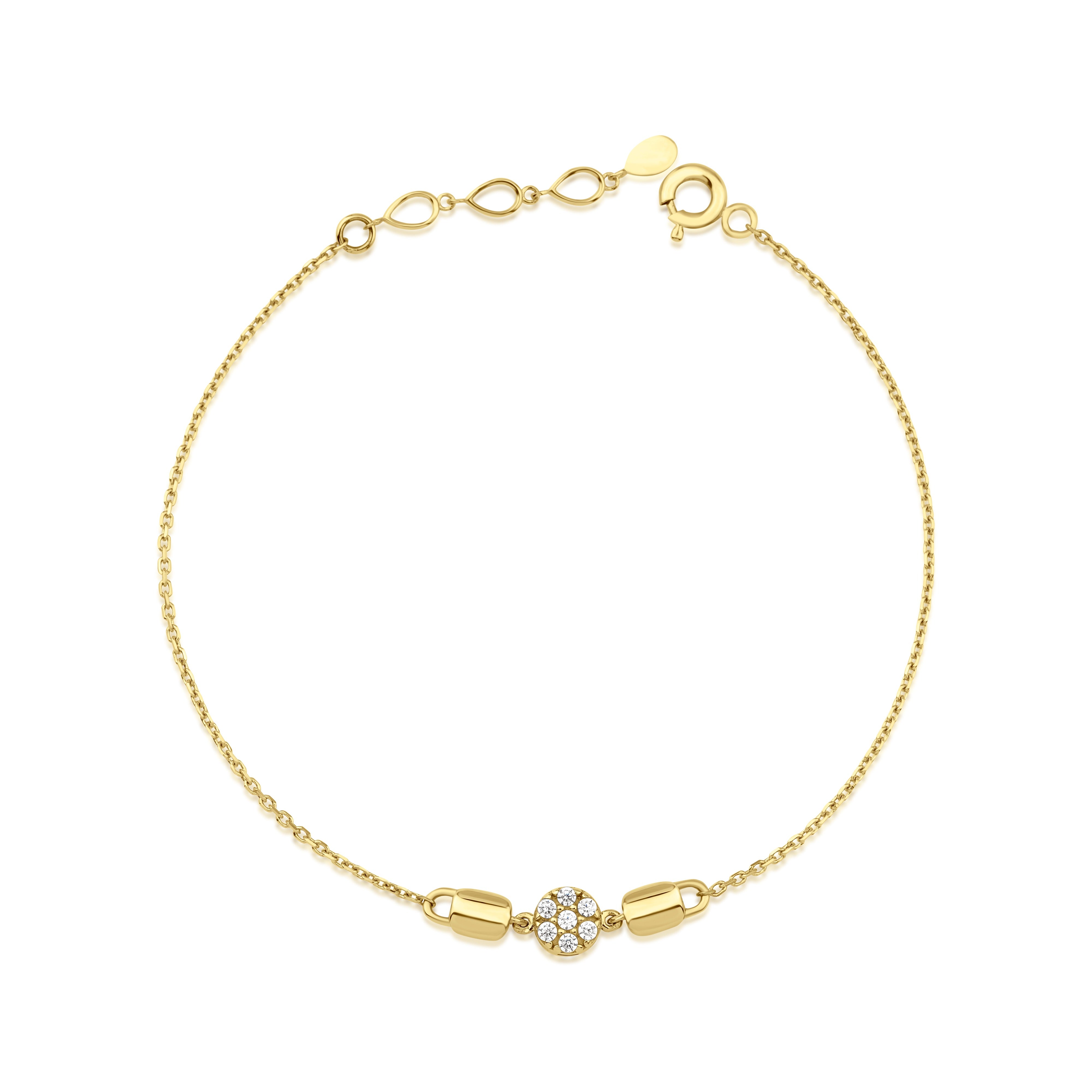 medallion disc bracelet in yellow gold on white background