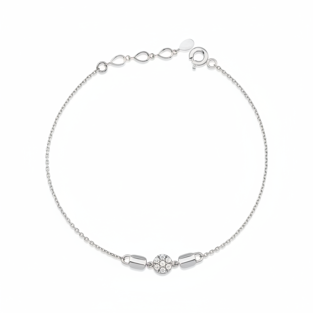 medallion disc bracelet in white gold on white background