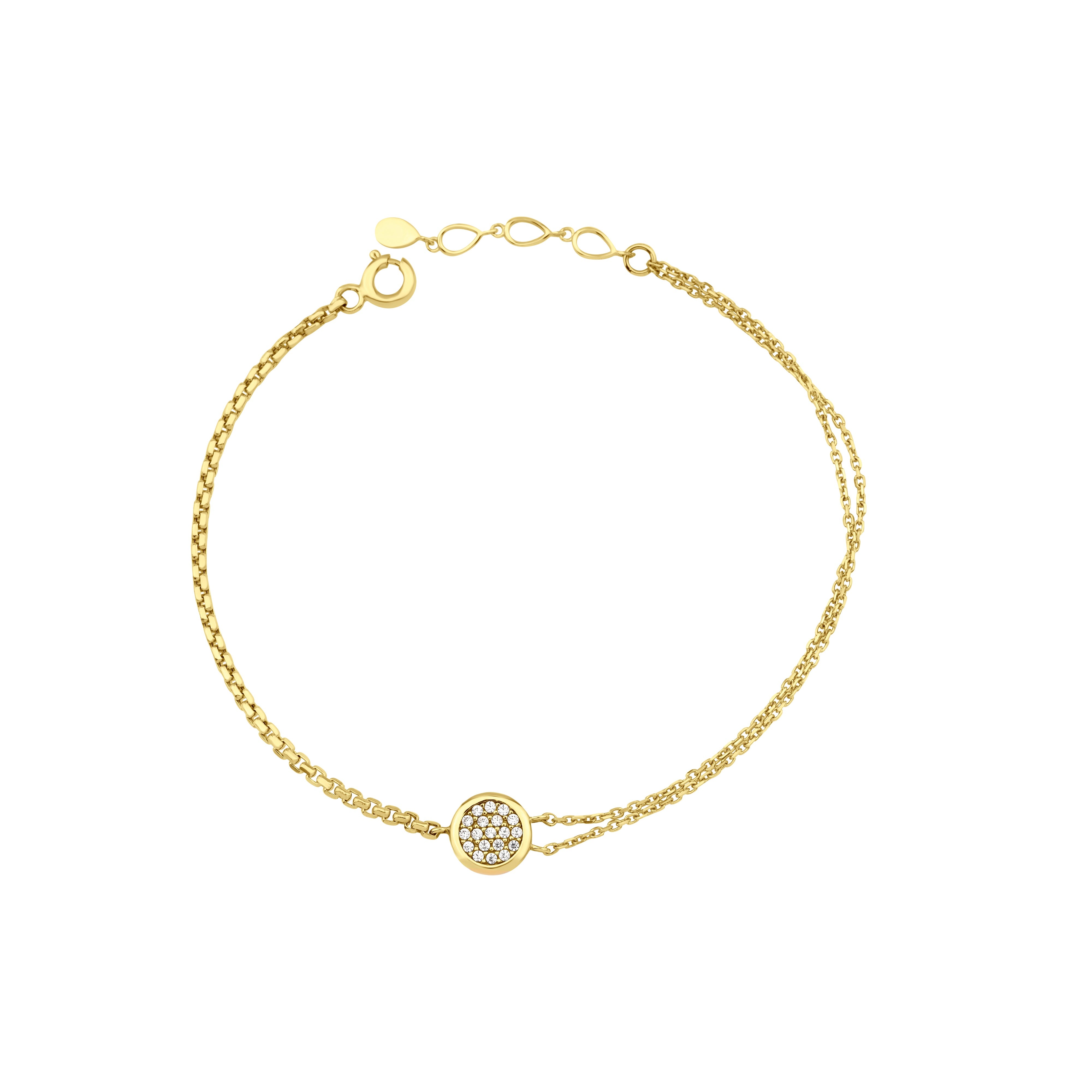 pave disc bracelet in yellow gold on white background