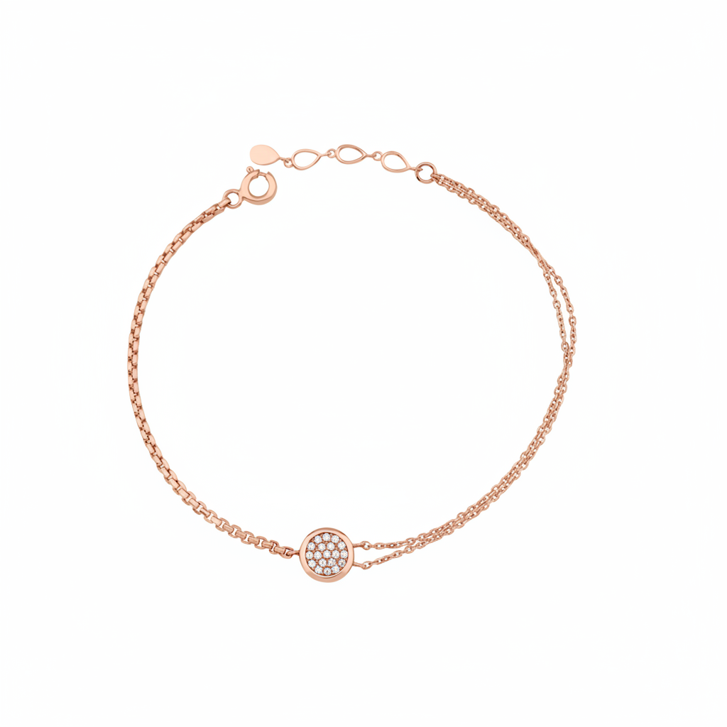 pave disc bracelet in rose gold on white background