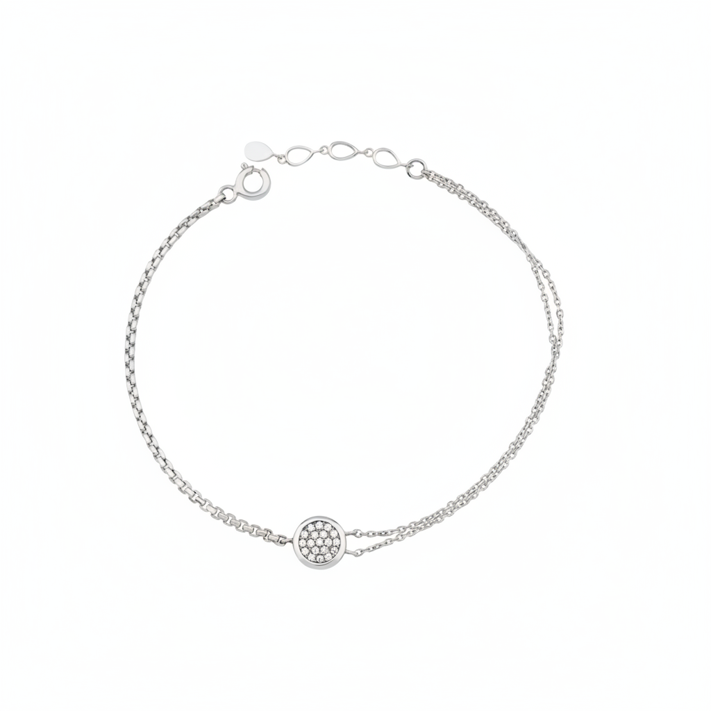 pave disc bracelet in white gold on white background