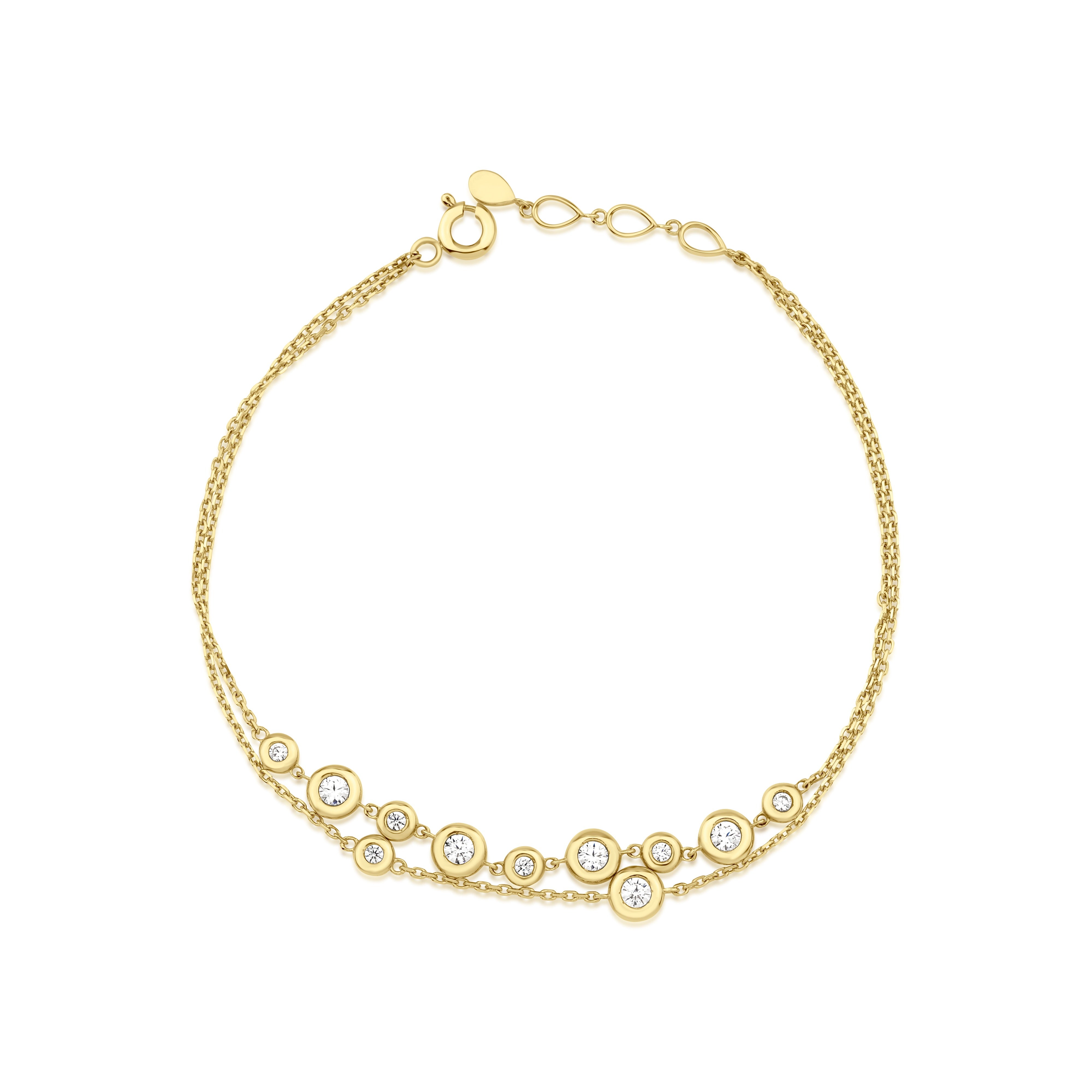 floating circle bracelet in yellow gold on white background